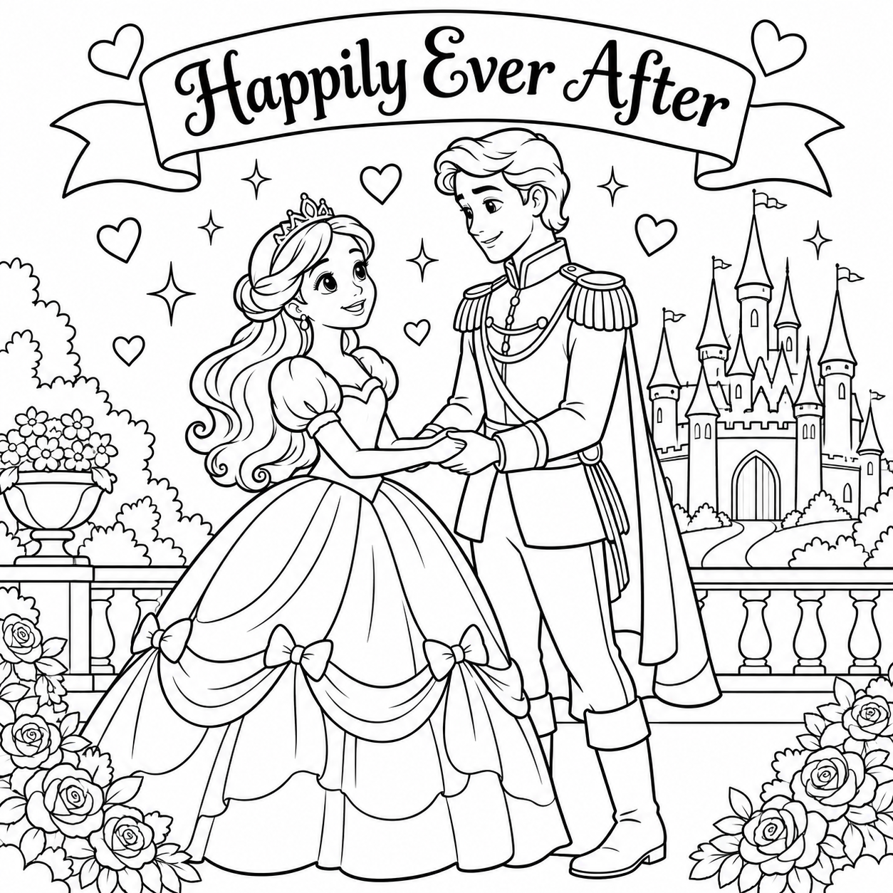 Happily Ever After coloring page with the girl in a crown and the prince holding hands in front of a castle
